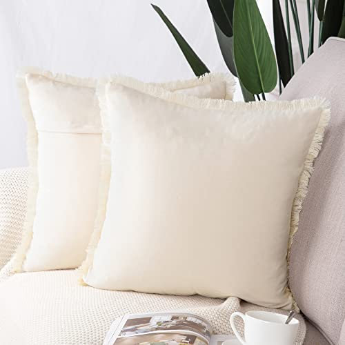Madizz 2er Set Kissenbezügen aus Wildleder mit Fransenquasten Weiche dekorative Kissenbezüge für Sofa Schlafzimmer Kissenhülle Beige 50x50 cm Quadrat