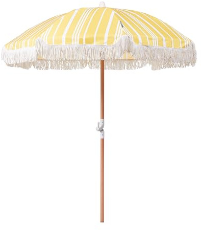 Beliani Sonnenschirm mit Volant Regenschutz Holzmast gelb rund ⌀ 150 cm Boho Mondello