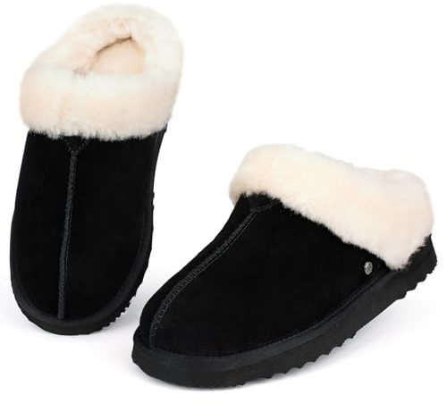 Parfeying Women‘s Real Wool Slippers in Genuine Leather with Anti-Slip Rubber Sole, Warm Indoor Outdoor Shoes with Memory Foam - Cozy Slip-On for Women in Soft Wool,L23606 BLAK 9US