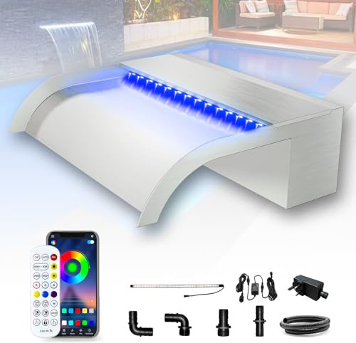 Longrun Kit Cascade de 30cm pour Bassin, Lame de Cascade Courbe en Acier Inoxydable avec LED Bluetooth 7 Couleurs et télécommande, Largeur 25,5cm