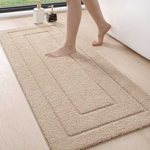 DEXI Badteppich rutschfeste,weicher Badezimmerteppich Wasserabsorbierend Badematte maschinenwaschbar Badvorleger für Dusche,Badewanne und Toilette, Beige, 61 x 152 cm