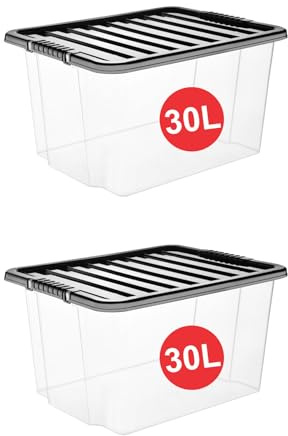 RelianceUK Plastic Storage Boxes with Lids (30 Litre / 2 Pack) | 30L Stackable Storage Box With Black Lids, Multipurpose Clear Storage Box, Clear Containers for Home Office Kitchen