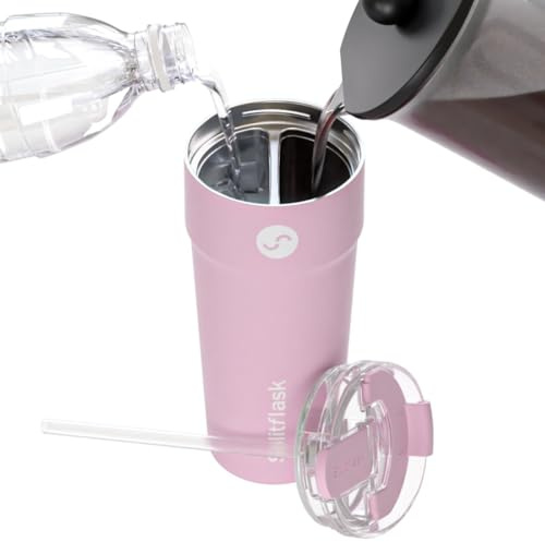 Splitflask Vazo de viaje 2 en 1 – 850ml Botella térmica de doble compartimento, Taza de acero inoxidable hermética, Bebidas calientes y frías, Botella para café y agua - Rosa