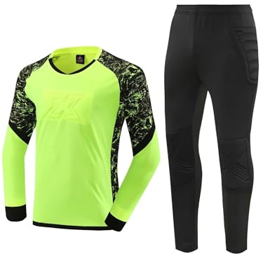 HULIJA Bambini Completo da Calcio Calcetto Torneo Maglietta Portiere Pantaloni della Tuta Joggers Goalkeeper Jersey Scuola Sport Set di Maglia da Portiere Verde fluorescente 9-10 anni