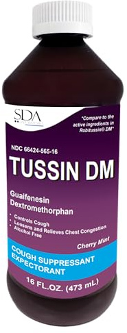 SDA LABORATORIES Tussin Guaifenesin Expectorant, Cough Medicine Oral Solution, 16 Fl Oz Liquid, Cherry Mint Flavor, Alcohol-Free, Relieves Mucus and Chest Congestion (Pack of 1)