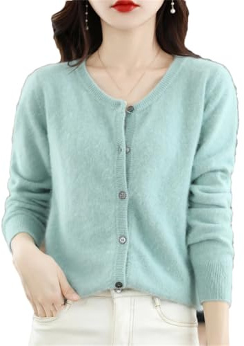 Maglione da donna in 100% cashmere di visone, con bottoni, lavorato a maglia, tinta unita, girocollo, Menta Gn8, XXL
