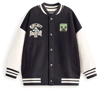 Minecraft Blouson aviateur Creeper en Noir et Blanc | Veste universitaire pour garçons avec graphismes Adventure Club | Vêtements d'extérieur décontractés à manches longues