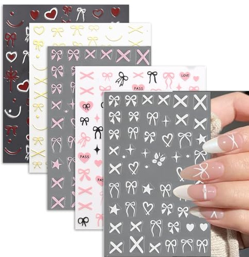 Bow Nail Stickers, 9 Sheets Heart Bow Tie Nail Art Stickers Decals Self-Adhesive Sweet Design Decoration Accessories (9 Sheets Bow)