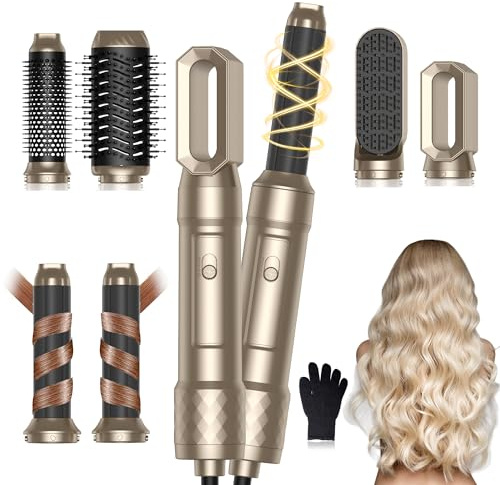 UKLISS Hårstyler 6 i 1 airbrush hårstyler | 1 000 W Pro Air Styler set | Rund borstfön, Air Curler, varmluftsborste, hårtork, plattborste | styling för alla hårtyper (guld)