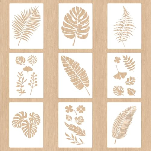 Keboyoe Set di 9 Grandi Stencil piante, Stencil per Disegno Botanico, 40x30 cm, Stencils Foglie Tropicali in Plastica per Fai Da Te, Legno, Mobili, Scrapbooking, Decorazione Parete, Tessuto, Riutilizz