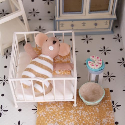 Funky Mini House 1:12 Scale Iron Doll Crib for Dollhouse - Miniature White Doll Bed with Mattress for 3-4 Inch Dolls/Stuffed Animals, Cute Dollhouse Decor & Sweet Gift for Doll Lovers