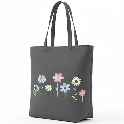 Delindo Lifestyle Kit de broderie à faire soi-même, motif floral, sac à provisions gris, 44 x 37 cm, tissu pré-imprimé avec fil à broder