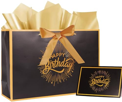 Birthday Gift Bags Sets,Black & Gold,21.5×32×10CM, | With Tissue Paper,Gift Card,Ribbon for Men Women's Birthday Supplies