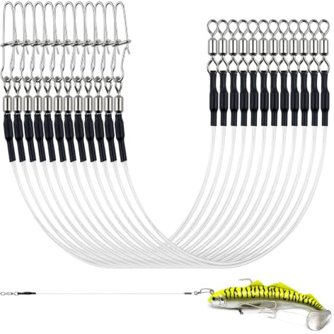 ikBrtaiay 12 Stück Fluorocarbon Vorfach Angeln Vorinstallierte Wirbel und Karabiner, Stahlvorfach Hecht Transparent, Spinnvorfach, Angelzubehör zum Verbinden von Angel HauptschnüRen Ködern Oder Haken