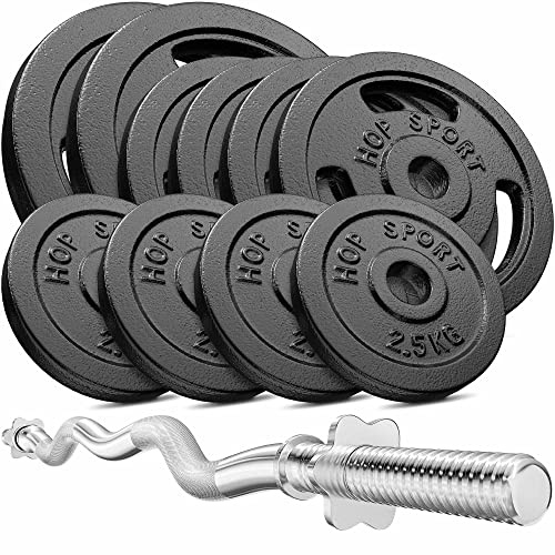 HS HOP-SPORT Guss Hantelset mit SZ-Curlstange 120 cm und 30 mm Wellendurchmesser, Gusseisen-Scheiben 2x10 kg, 4x5 kg, 4x2,5 kg, Sternverschlüsse, 57 kg