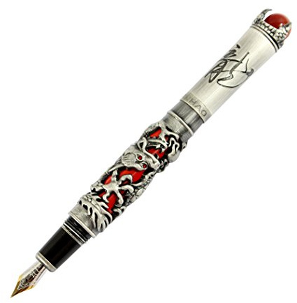 Gullor JinHao antik silver drake stil 3D snidad fontän penna med röd pärla, medium spets Svart och röd