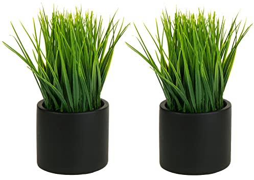 MyGift Tabletop Artificial Grass Plants Decorative Faux Greenery Plant Potted in Modern Cylindrical Black Cement Pots, Set of 2