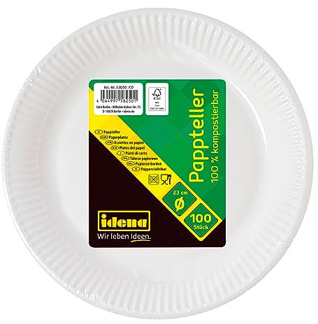 Idena 58250 - Assiette de fête blanche, 100 pièces, diamètre 23 cm, écologique & compostable, Assiette en papier, Assiette en carton, Vaisselle jetable
