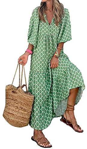 Womens 3/4 Puff Sleeve Summer Boho Dress Front Tie Neck Vintage Floral Print Tiered Ruffle Hem Casual Loose Flowy Maxi Dress (Light Green, Medium)