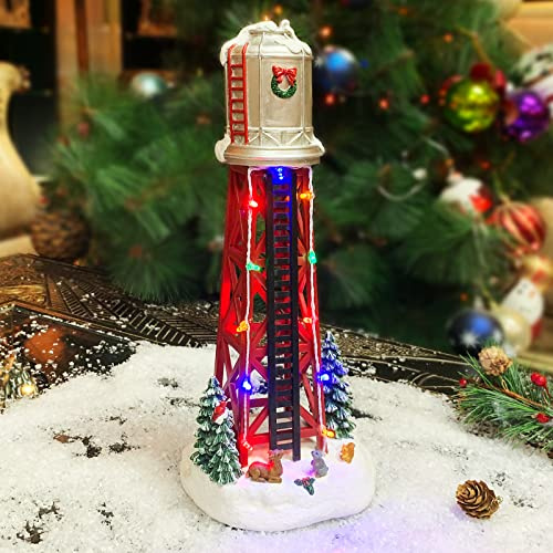 MOMENTS IN TIME Christmas Village Water Tower Hand-Painted Polyresin Light Up Tower with LED Lights, Battery Operated Holiday Village Building Decoration, No Wires Needed 12.2”H