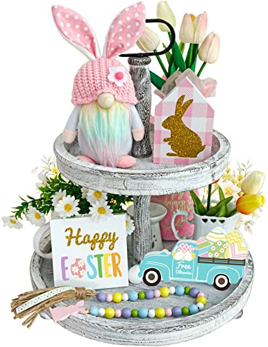 Easter Decorations, 5Pcs Easter Gnome Tiered Tray Decor, Glitter Easter Wood Signs, Truck Full of Eggs, Easter Bunny Gnome Plush, Spring Easter Bead Garland,Rustic Farmhouse Spring Easter Decor