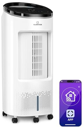 Klarstein Condizionatore Portatile 65W, 4in1 Climatizzatore Portatile, Raffrescatore d'Aria Silenzioso con Night Mode, Deumidificatore, Rinfrescatore, Ventilatore, Serbatoio da 7L, 330m³/h, Bianco