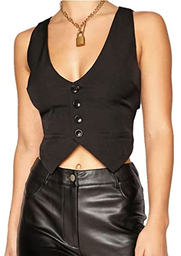 Acrawnni Women Y2K Waistcoat Vest Halter Neck Button Down Dressy Vests Tuxedo Suit Racerback Vintage Slim Fit Streetwear (C-Black A, XL)