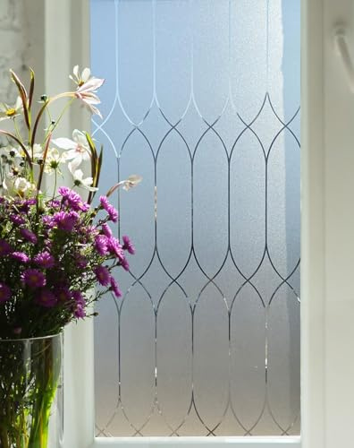 Privacy Window Film Decoration, Heat Control Window Tint for Home, Static Cling Glass Door Coverings Window Sticker Removable Non-Adhesive UV Blocking, Frosted Film w/Clear Morocco Lines, 17.7x78.7