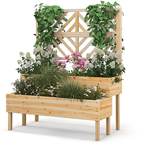 TANGZON 2-Tier Raised Garden Bed with Trellis, Wooden Elevated Planter Box with Drainage Holes, Outdoor Vertical Growing Bed for Vine Climbing Plant Flower Herb, 109 x 62 x 135cm (Natural)