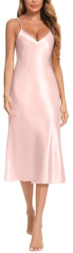 Marvmys Satin Nightdress for Women UK Long Negligees Strap Chemise Nighties for Ladies V Neck Full Slips Sleepwear Pink XXL