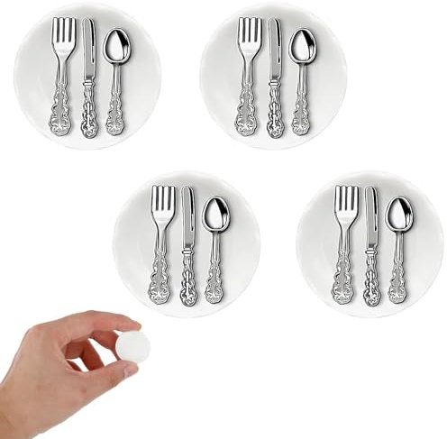 TIESOME Juego de accesorios de cocina para casa de muñecas, 4 platos miniatura con 8 piezas vajilla metal, plato porcelana, modelo 1:12