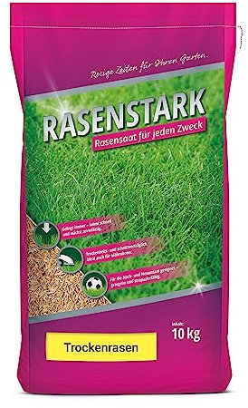 RASENSTARK Trockenrasen I schnellkeimende Rasensamen I 10 kg für 250 m² I ideal zur Nachsaat oder Neuanlage I dürreresistent + robuste Rasensaat I Grassamen für den Herbst