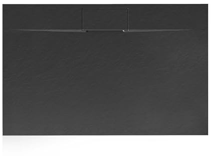 VBChome Duschkar 120 x 90 x 2,5 cm svart duschbricka med stenstruktur extra platt rektangulär avloppssats täckplatta SMC kompositmaterial universell installation sifon rektangulär 90 x 120 cm lång