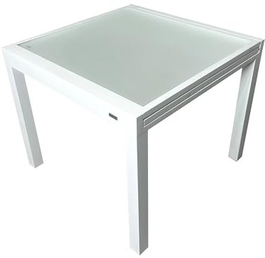 MOMMA HOME Ausziehbarer Gartentisch, Aluminium und gehärtetes Glas, quadratisch, ausziehbar, für den Außenbereich, Maße: 90/150 x 90 x 74 cm, Weiß