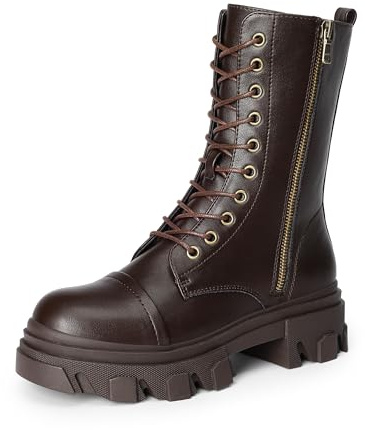 DREAM PAIRS Womens Combat Boots Lace up Mid Calf Low Heel Chunky Platform Lug Sole Boots,Size 6,Brown-Pu,DMB215