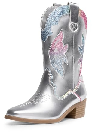 DREAM PAIRS Bottes de Cowgirl/Cowboy pour Enfants Filles Bottes Western à Mi-Mollet Chaussures d'Équitation Petit Enfant/Grand Enfant, Argenté., 27 EU