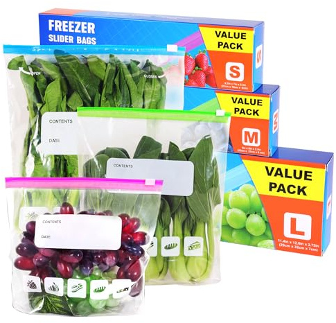 60 Pack Reusable Ziplock Freezer Bags, Food Storage Bags 3 Sizes (6L, 2.45L, 1.55L) with Expandable Bottom zip lock bags for Sandwich,Fruits, Meats, Vegetables, Snacks, and Essentials