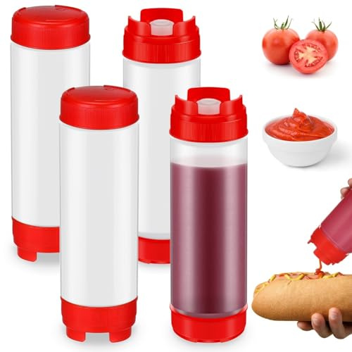 Jrifedptry 4 bottiglie da spremere ricaricabili, 590 ml, con punta in plastica invertita, grande valvola, dispenser per condimenti