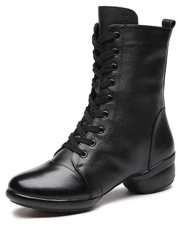 ZHENSI Botas De Baile Mujer Botas Altas De Cuero para Jazz Suela Dividida con Cremallera Lateral Tacón Bajo Grueso Zapatos Latinos para Escenario