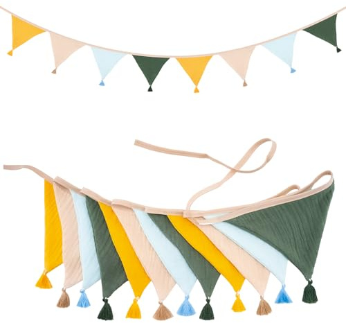G2PLUS 2.8M Beige e Grigio Ghirlanda Nappe Bandierine Triangolo Stoffa Baby Bandierine Festoni Doppia Faccia Tessuto per Cameretta dei Bambini Festa di Compleanno