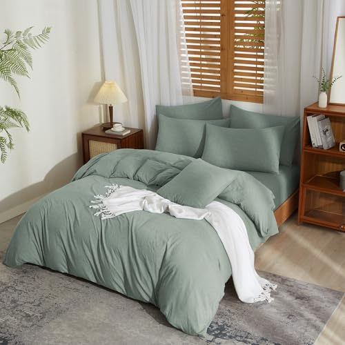 YASMENG Housse de Couette Demi-Lin 240x260 Vert Parure de Lit Doux Respirant Douillet Mélangé Coton Lin Linge de Lit 2 Personne avec Fermeture Éclair et Taies d'oreiller 65x65 cm