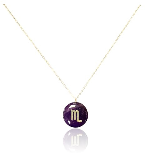 Luna Roy Hearts & Minds Collana Zodiacale, placcata in oro 18 carati, ciondolo in pietra ametista o quarzo rosa e segno zodiacale, Talla única, ajustable, Oro Oro Ametista Quarzo rosa, Ametista Quarzo