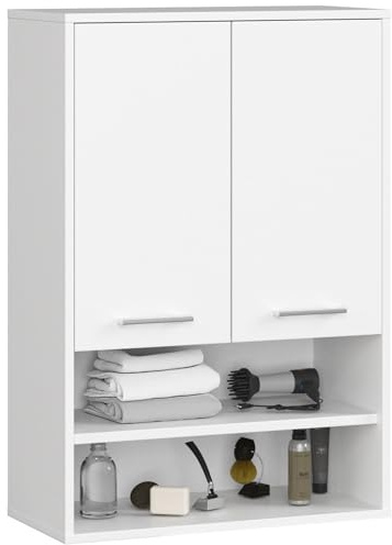 AKORD Badezimmer-Hängeschrank FIN 64 cm 2 Türen 2 Regalböden 2 offene Fächer B64xH94xT30 cm - mit Ablagen - Badschrank, Wandmontiert Gewicht 8,10kg Weiß & Weiß