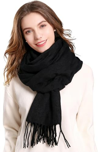 Black Scarf for Women,Unisex Winter Warm Scarf Soft Pashmina Shawls And Wraps Reversible Long Thick Tassel Ladies Scarves for Everyday Fashion Accessory Christmas Gifts for Her Valentine Gifts
