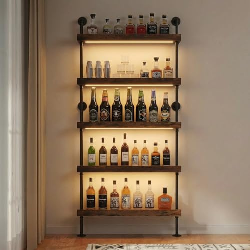 Woskar 5-Tier Wall Mounted Wine Rack with LED, Industrial Pipe Bar Shelf for Wine Bottle Storage, Industrial Pipe Shelves Shelf Shelving for Home Bar Dining Room Kitchen (24INCH-LED)