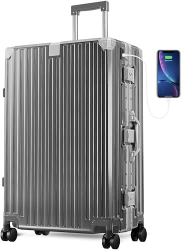 ALPHA CAMP Koffer Groß Reisekoffer mit Rollen TSA Schloss, Hartschalenkoffer Groß Suitcase Aluminium Rahmen Polycarbonat, Koffer XL Grau Rollkoffer 49x30x76cm Luggage Reisekoffer Leichte für Reise