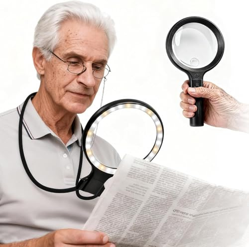 5X 10X Hands Free Magnifying Glass with Light 3 in1 Gooseneck Magnifier for Reading 3 Color LED Large Magnifier for Books Handheld, Neck-Worn & Desktop Use for Seniors