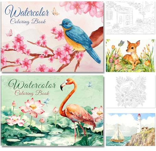 Elfew 2 Pièces A5 Cahiers d'Aquarelle, Livre de Coloriage pour Débutants | 30 Animaux et Fleur Designs, pour Débutants, 200GSM Aquarell Papier, Arbeitsbuch de Coloriage, Malbuch für Erwachsene