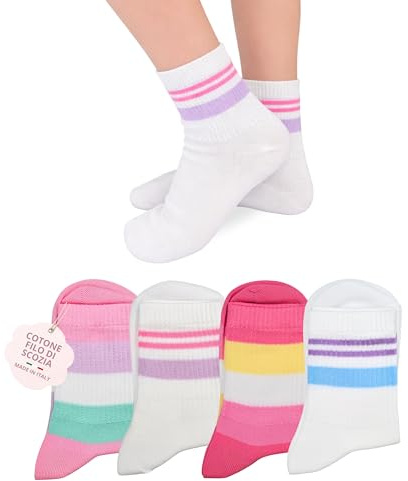 LEON D'ORO Calzini Bambina COTONE LEGGERO corto Calze Bimba FILO DI SCOZIA Sneaker Fantasmini Bambine Made in Italy (IT, Numero, 23, 28, ASS2 4 Paia)