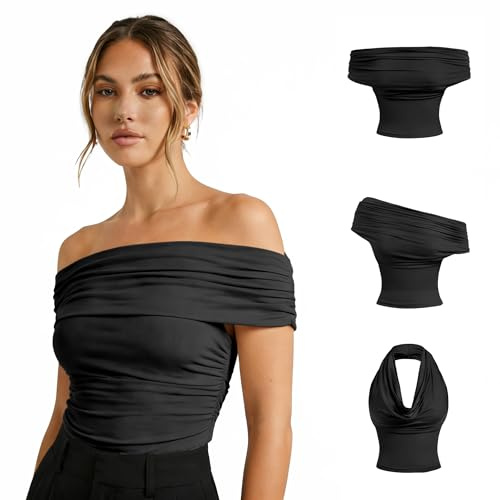 Tops Women UK, Halter Neck Top, 3-in-1 Going Out Top Backless Off-Shoulder Cowl Neck One Shoulder Asymmetrical Top, Y2K Party Womens Summer Crop Tank Tops Slim Fit Elegant Sexy Vest